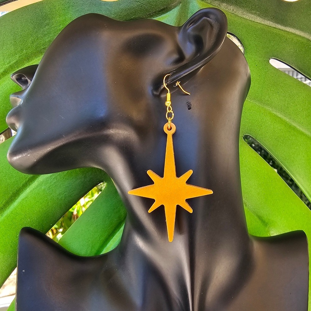Handmade Starburst Earrings Mayan Gold Shimmer Acrylic Retro Atomic Space Age